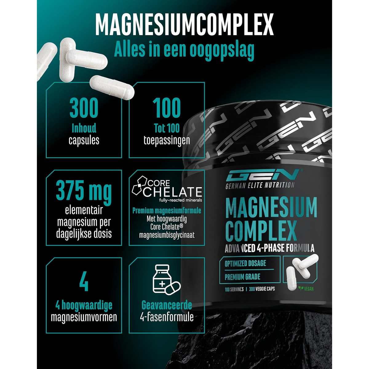 Magnesium Complex 375mg | 4 Formen | 300 Kapseln | GEN