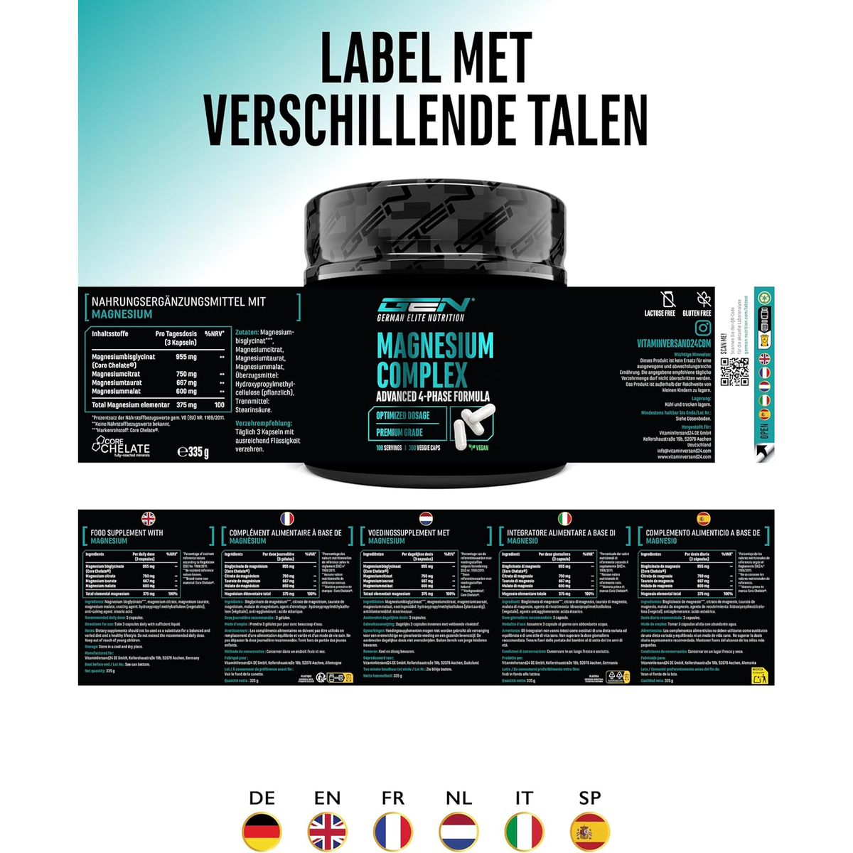 Magnesium Complex 375mg | 4 Formen | 300 Kapseln | GEN