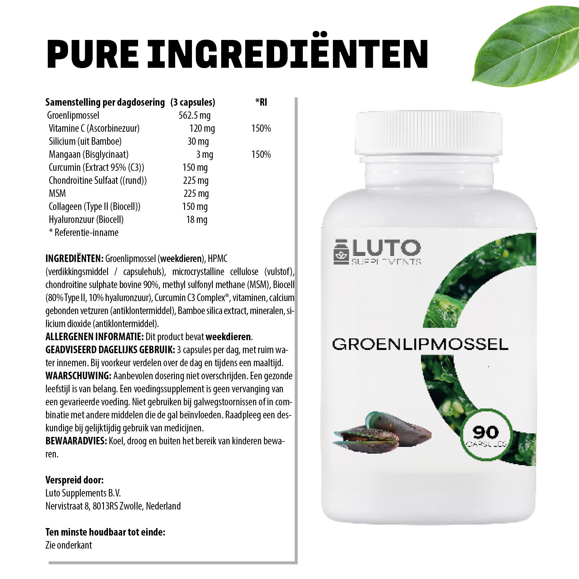 Pure ingrediënten Groenlipmossel Complex LUTO - groenlipmossel extract met curcumine, collageen en mangaan