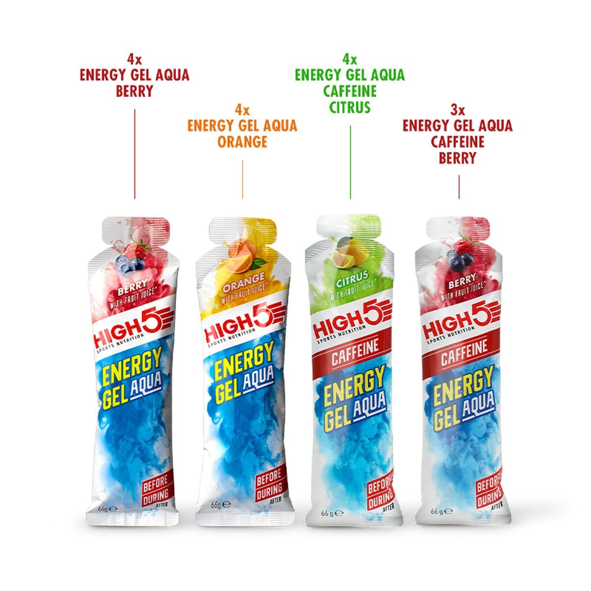 Inhalt HIGH5 Energy Gel Aqua Mixed Pack - 4x Berry, 4x Orange, 4x Caffeine Citrus und 3x Caffeine Berry Energy Gels