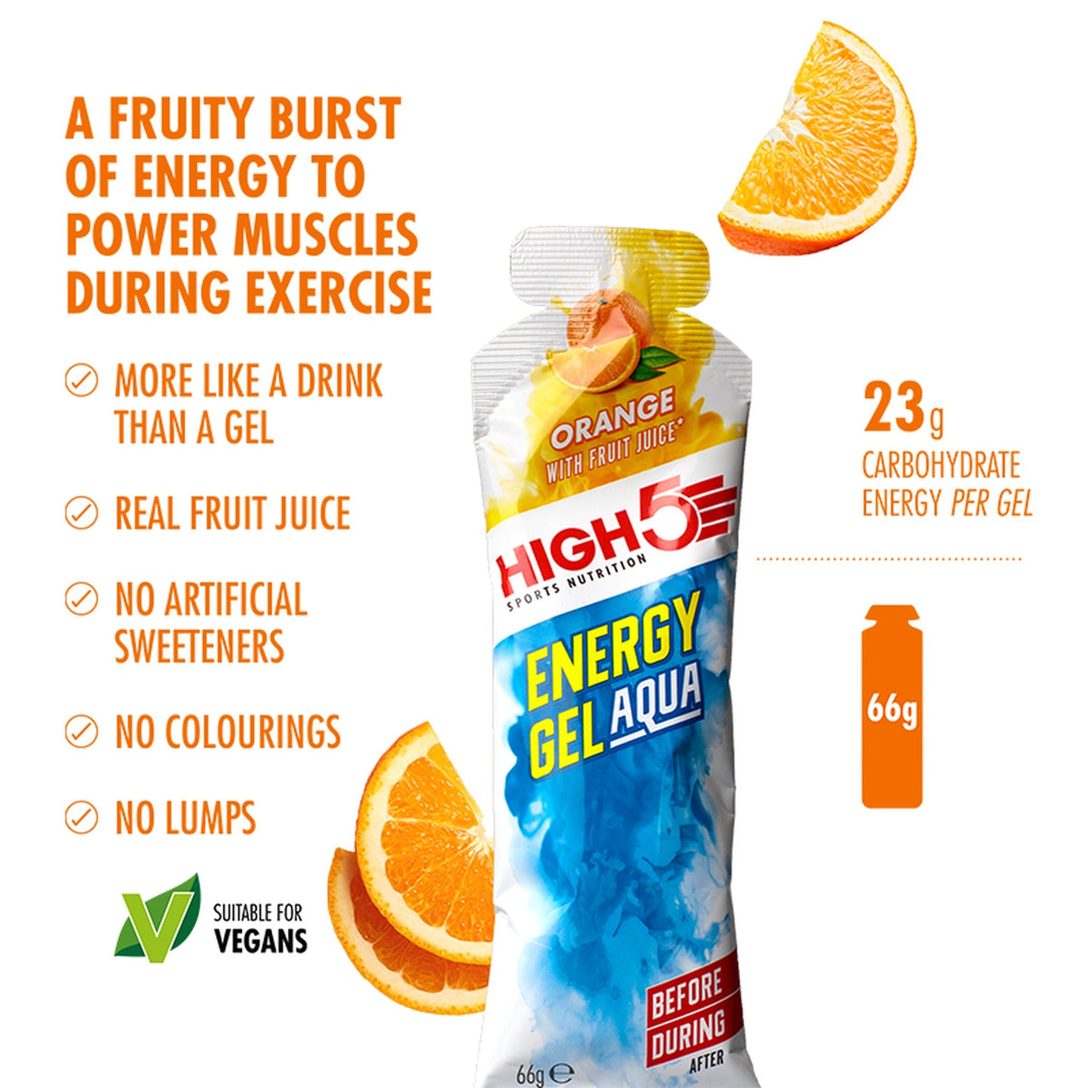 HIGH5 Energy Gel Aqua Orange 66 g - isotonisches Energy Gel mit 23 g Kohlenhydraten und echtem Fruchtsaft