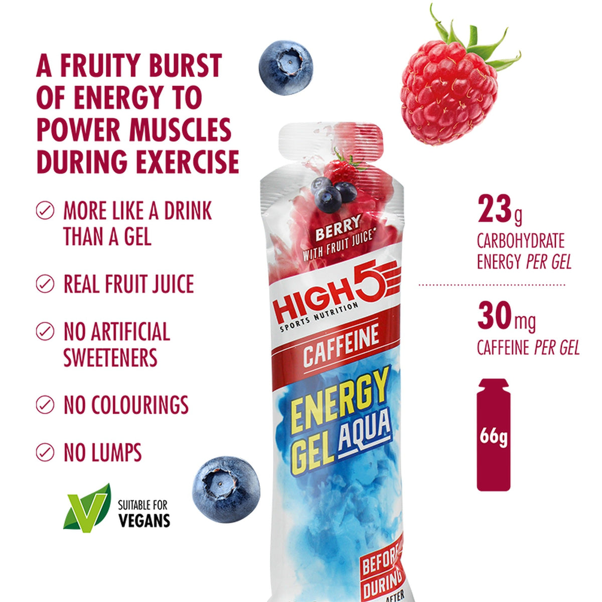 HIGH5 Energy Gel Aqua Caffeine Berry 66 g - Energy Gel mit 30 mg Koffein für die Schlussphase deines Wettkampfs
