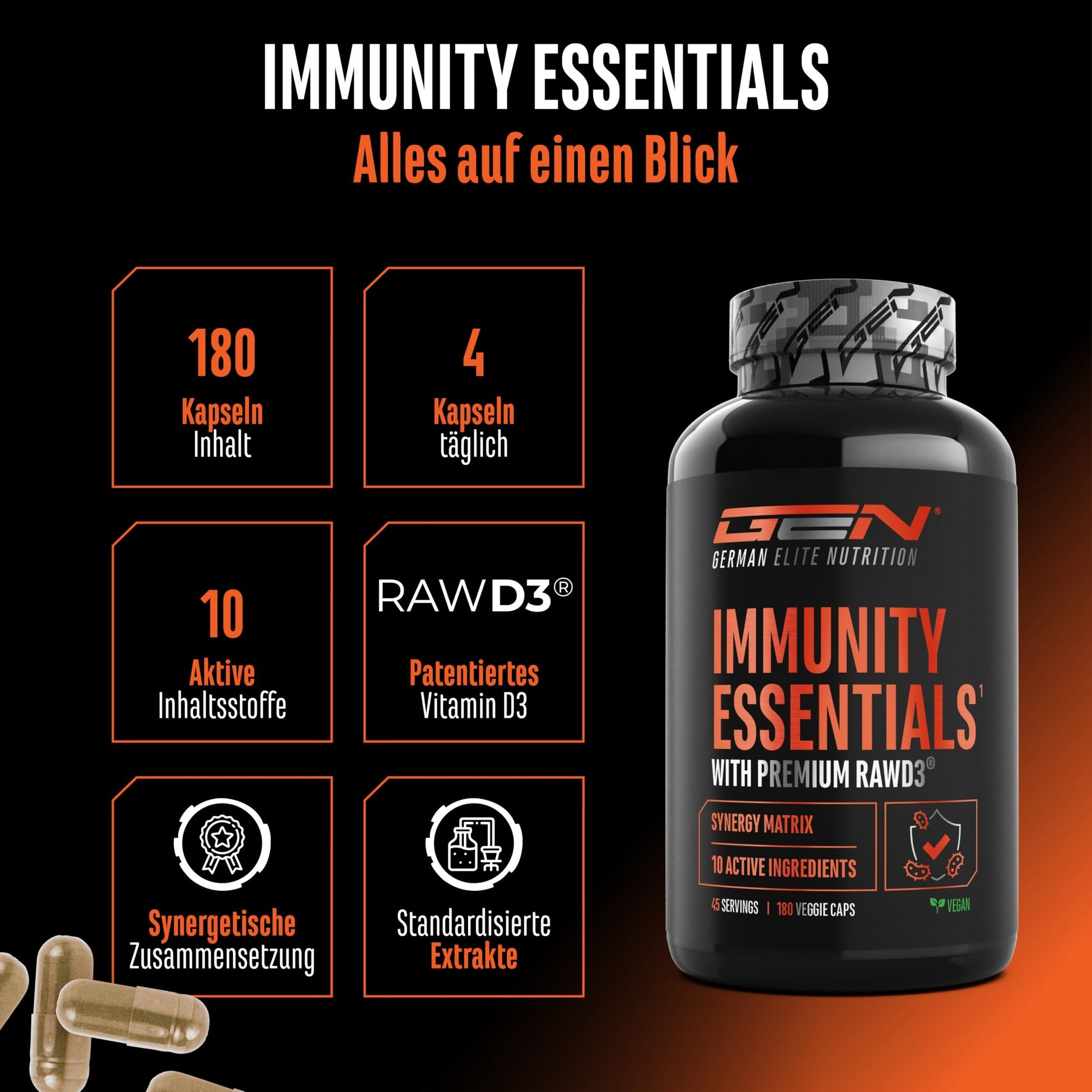 German Elite Nutrition Immunity Essentials 180 Kapseln – Übersicht mit Bèta-Glucan, Vitamin C, Zink und Vlierbes