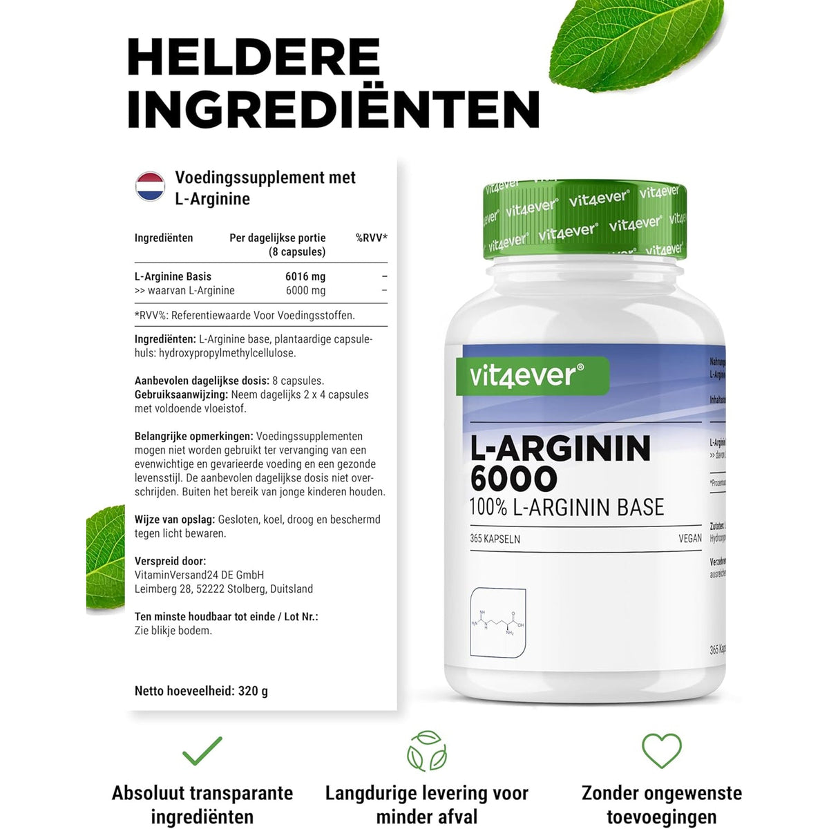 L-Arginin Base 6000mg | 365 Kapseln | Vit4ever