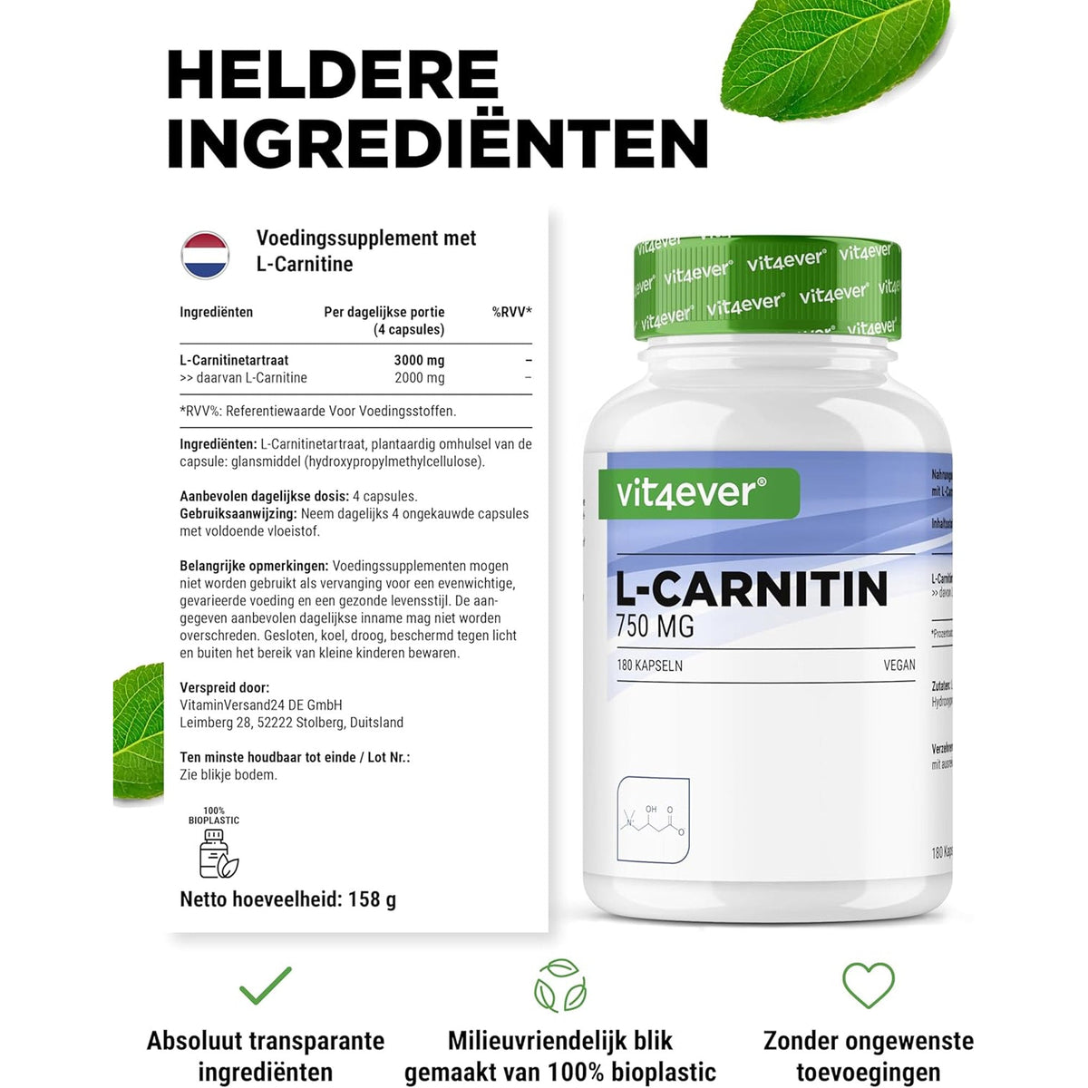 L-Carnitin Tartrat 3000mg | 180 Kapseln | Vit4ever