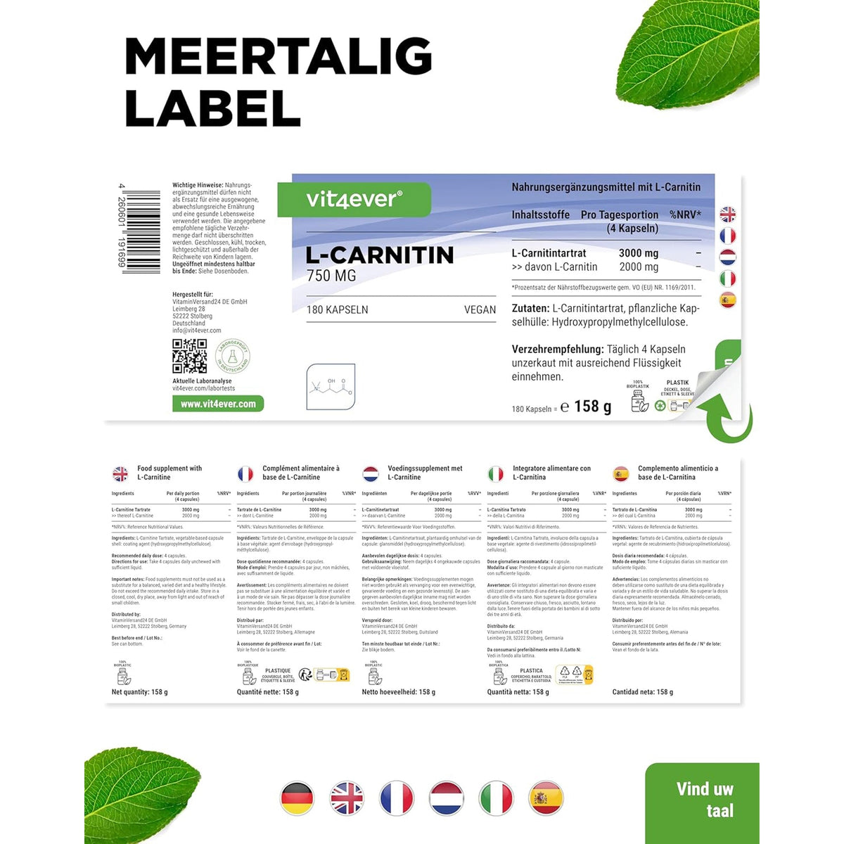 L-Carnitin Tartrat 3000mg | 180 Kapseln | Vit4ever