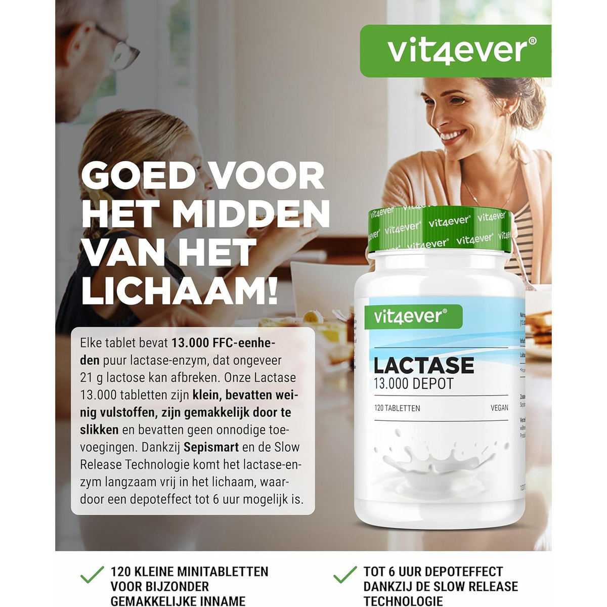 Vit4ever Lactase 13.000 FCC Depot 120 tabletten - een tablet bij de zuivelmaaltijd met depotwerking tot 6 uur #Inhoud_120 tabletten