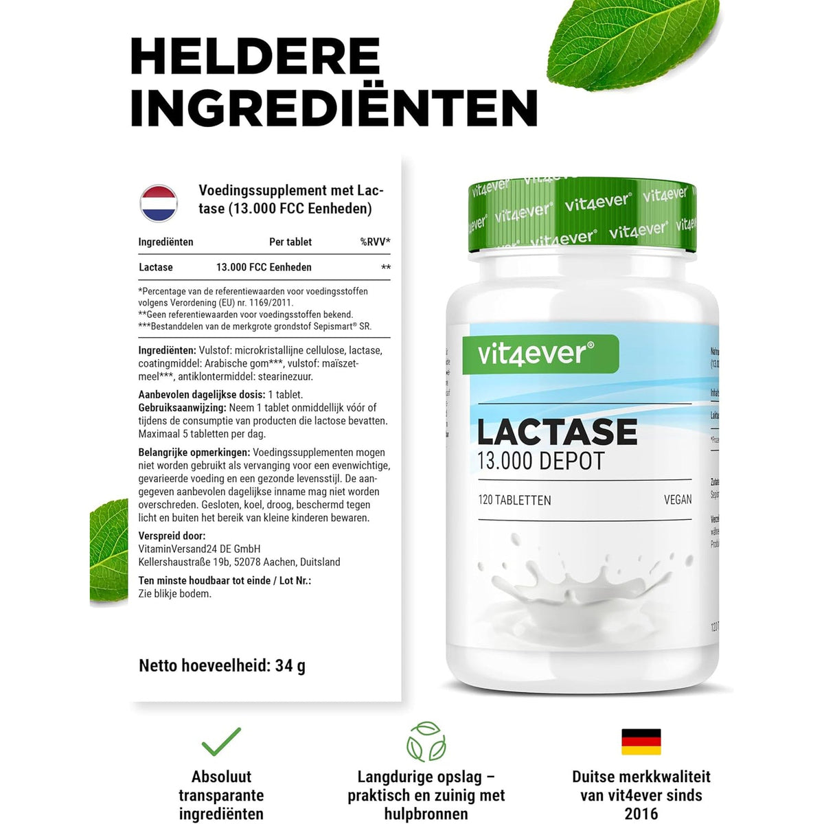 Vit4ever Lactase 13.000 FCC Depot 120 tabletten - ingredienten en netto-inhoud 34 gram #Inhoud_120 tabletten