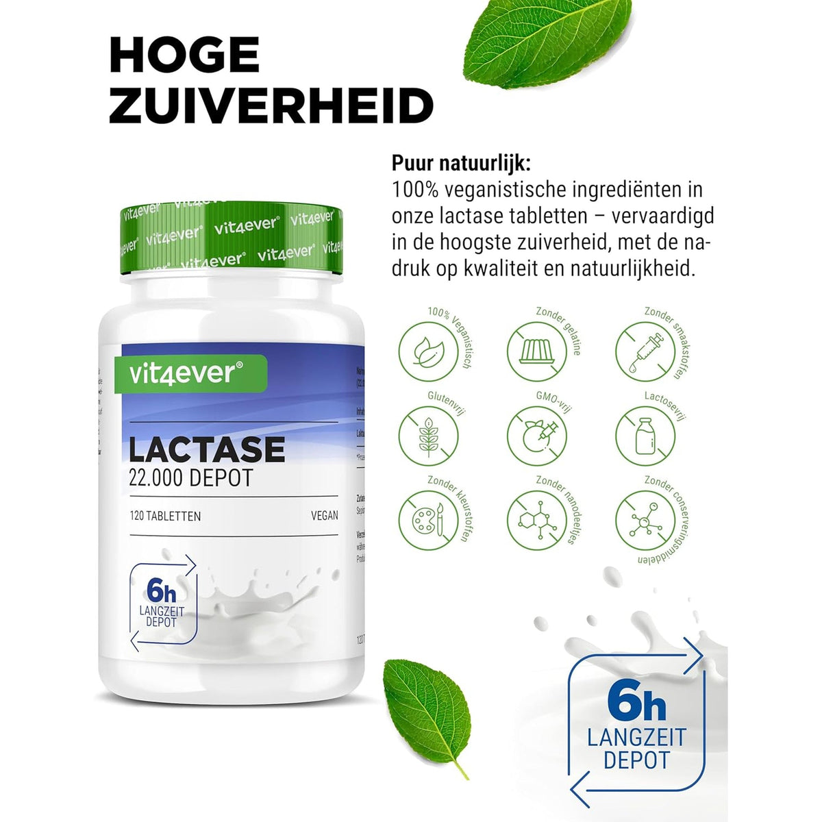 Vit4ever Lactase 22.000 FCC Depot 120 tabletten - vegan, glutenvrij en lactosevrij zonder onnodige toevoegingen #Inhoud_120 tabletten