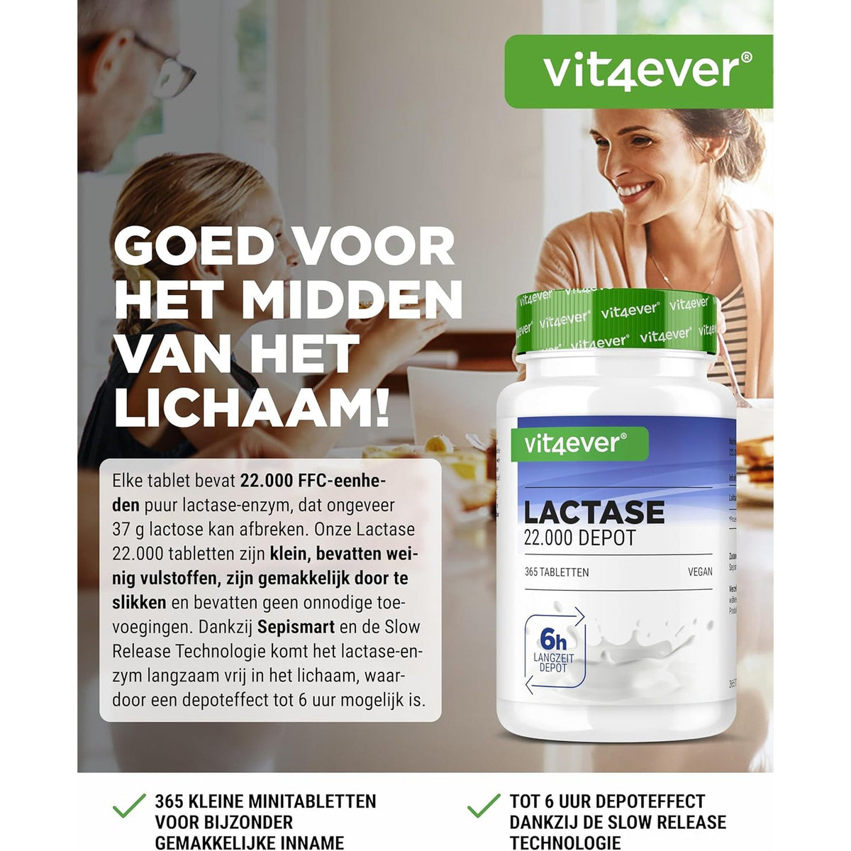Vit4ever Lactase 22.000 FCC Depot 365 tabletten - een tablet bij de zuivelmaaltijd met depotwerking tot 6 uur #Inhoud_365 tabletten