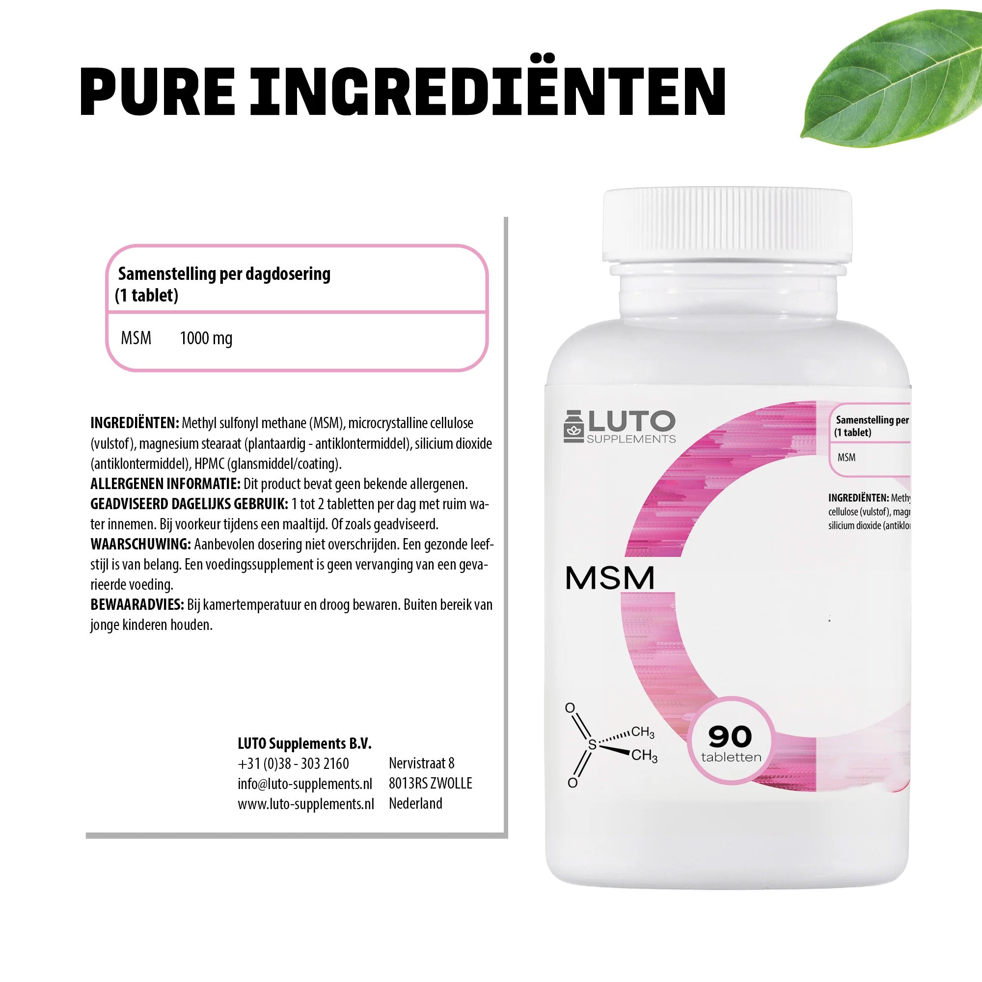 Pure ingrediënten MSM LUTO Supplements - 1000mg methylsulfonylmethaan per tablet zonder onnodige toevoegingen