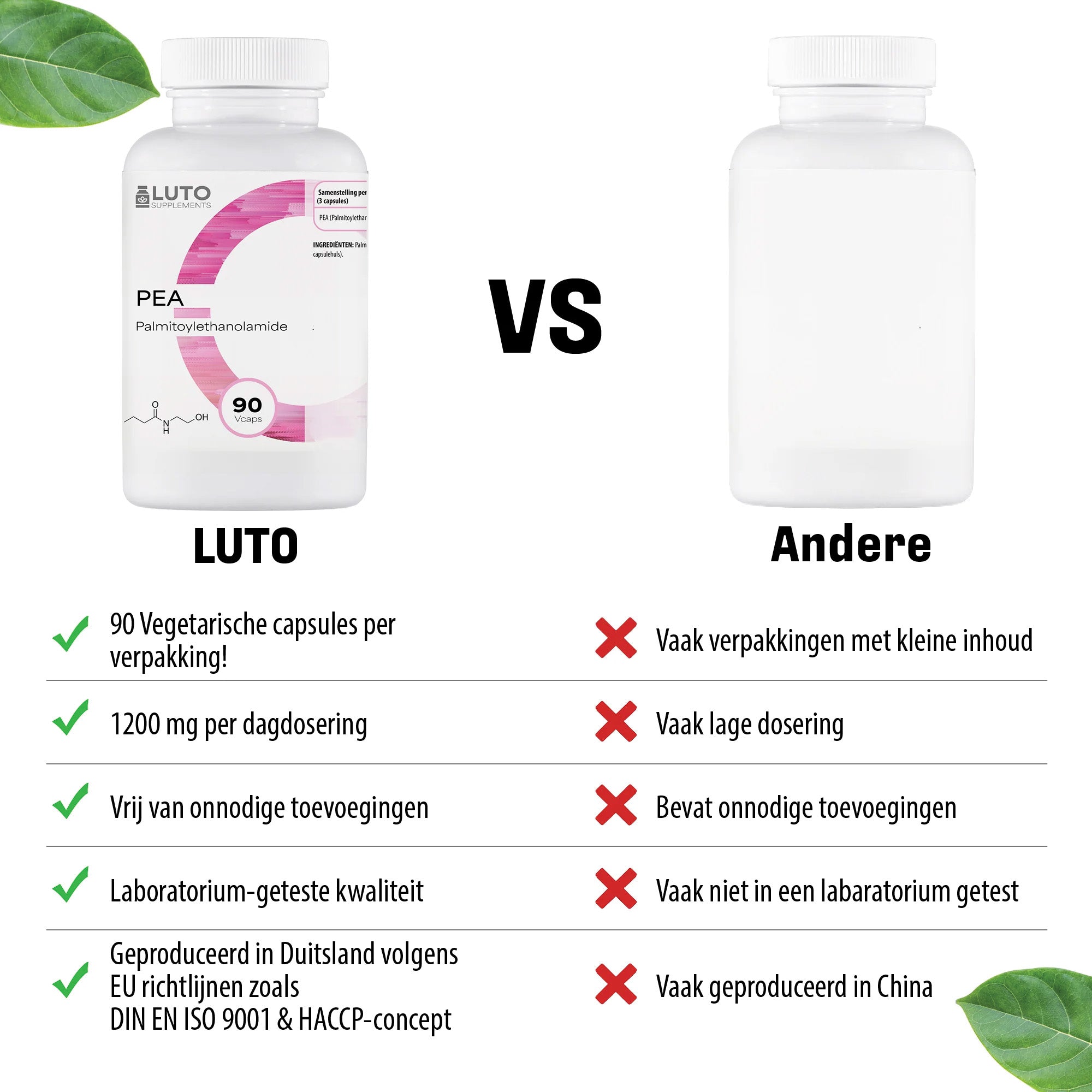 LUTO PEA 1200mg vergelijking - 90 vegetarische capsules, vegan, glutenvrij, GMP gecertificeerd