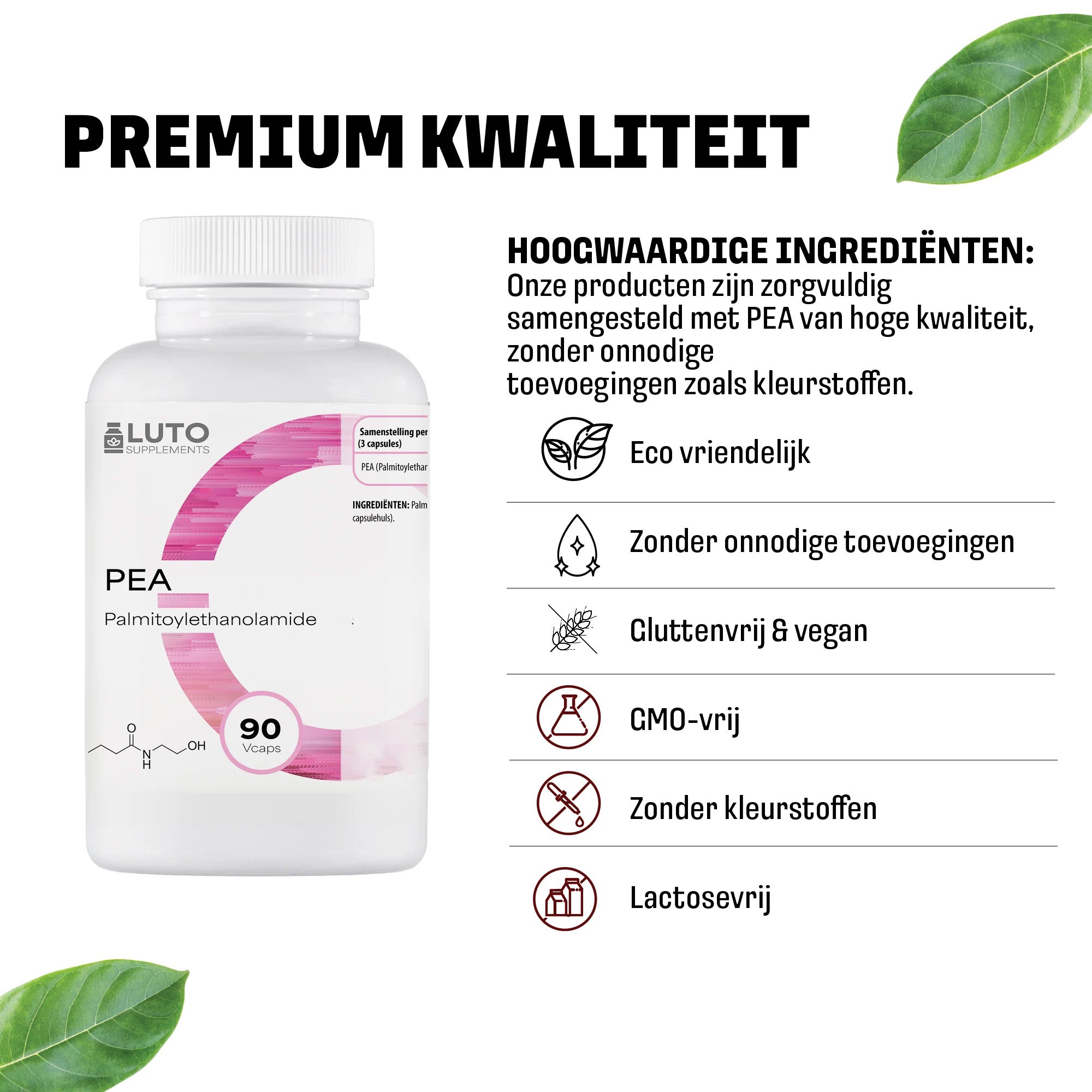 Premium kwaliteit LUTO PEA capsules - non-GMO, vegan, glutenvrij, lactosevrij en hoog gedoseerd
