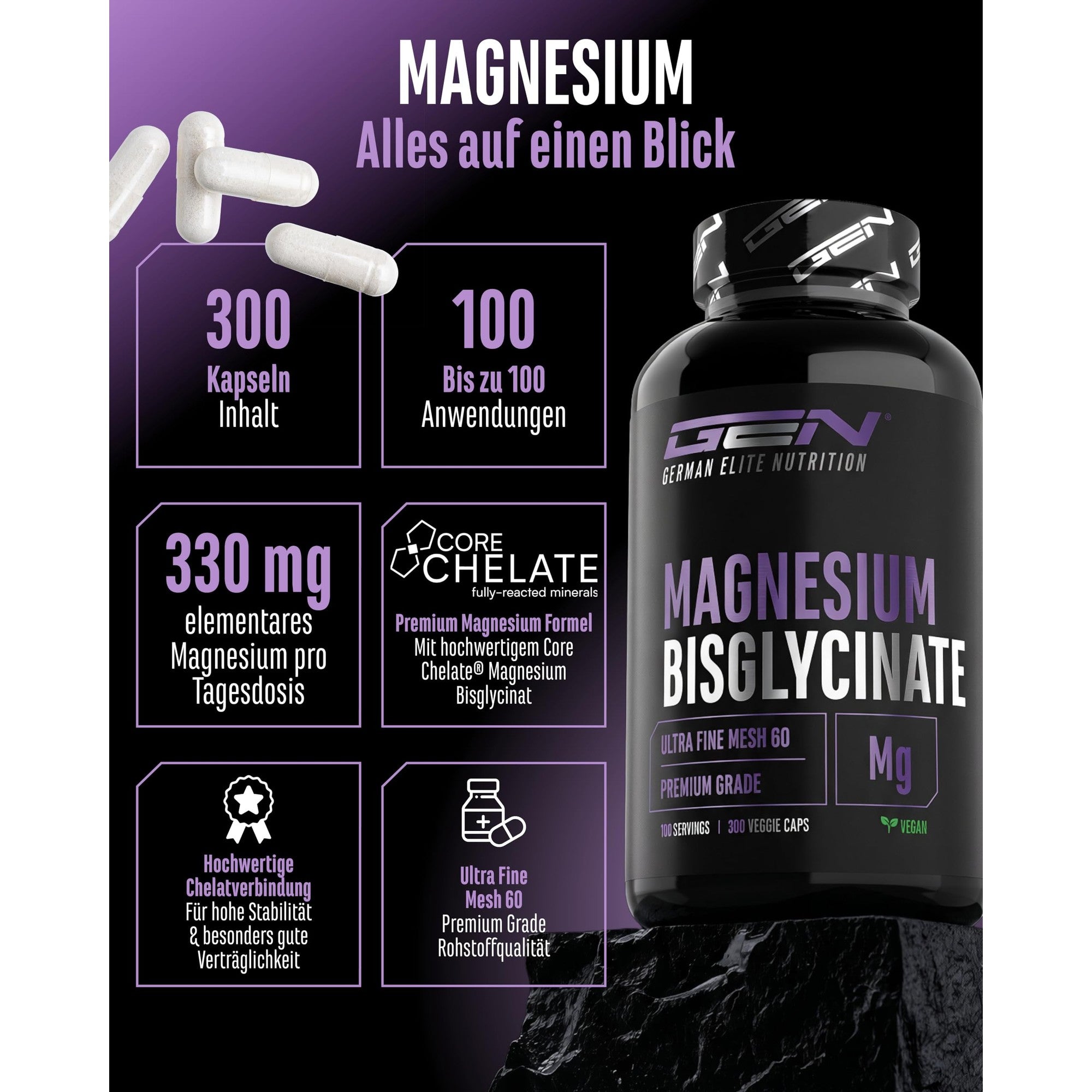 German Elite Nutrition Magnesiumbisglycinat Core Chelate 330 mg – Übersicht mit 300 Kapseln und Tagesdosis