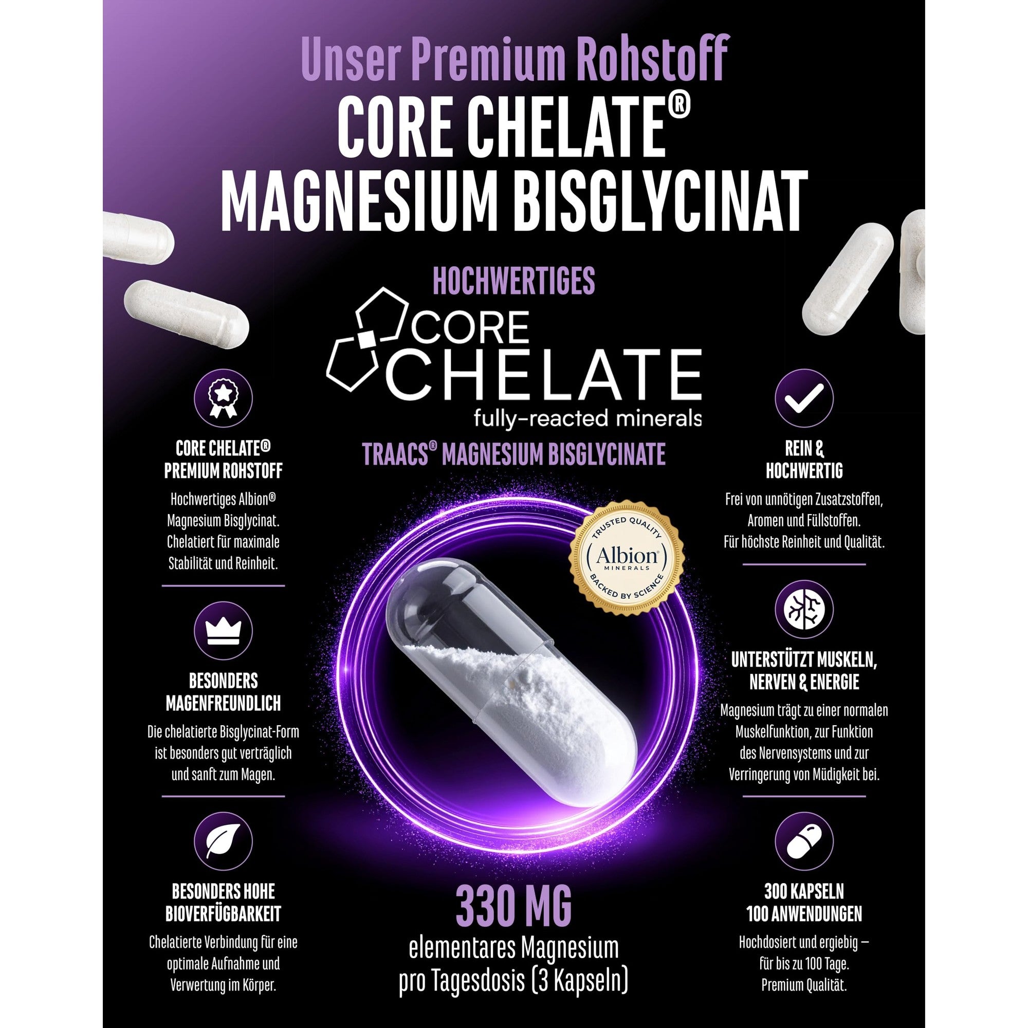 Magnesiumbisglycinat Core Chelate Premium-Rohstoff TRAACS mit 330 mg Magnesium pro Portion