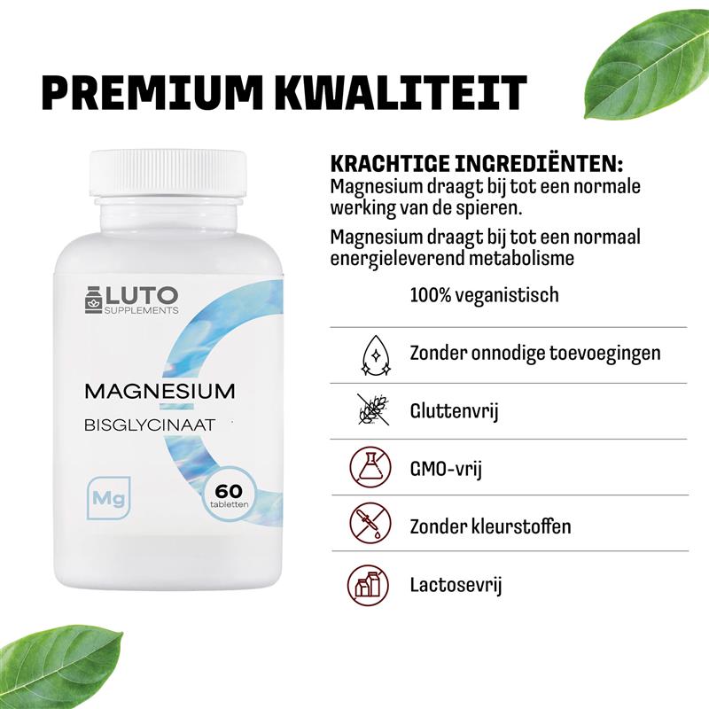 Pure ingrediënten Magnesium Bisglycinaat LUTO - samenstelling 150mg elementair magnesium per tablet