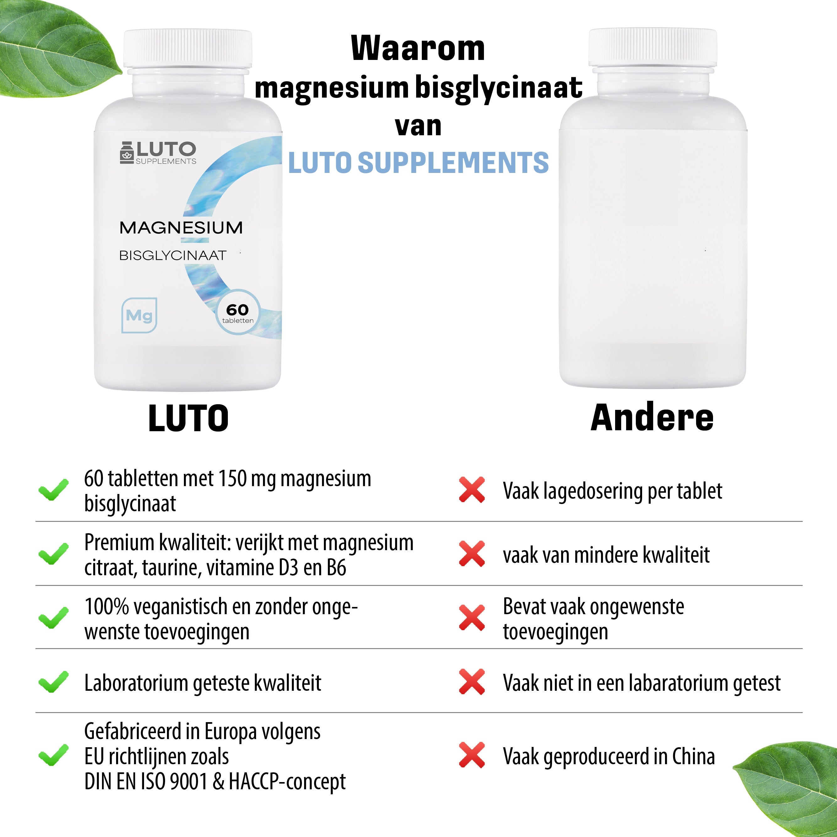 LUTO Magnesium Bisglycinaat vergelijking - 150mg elementair magnesium, vegan, glutenvrij, biologisch, non-GMO