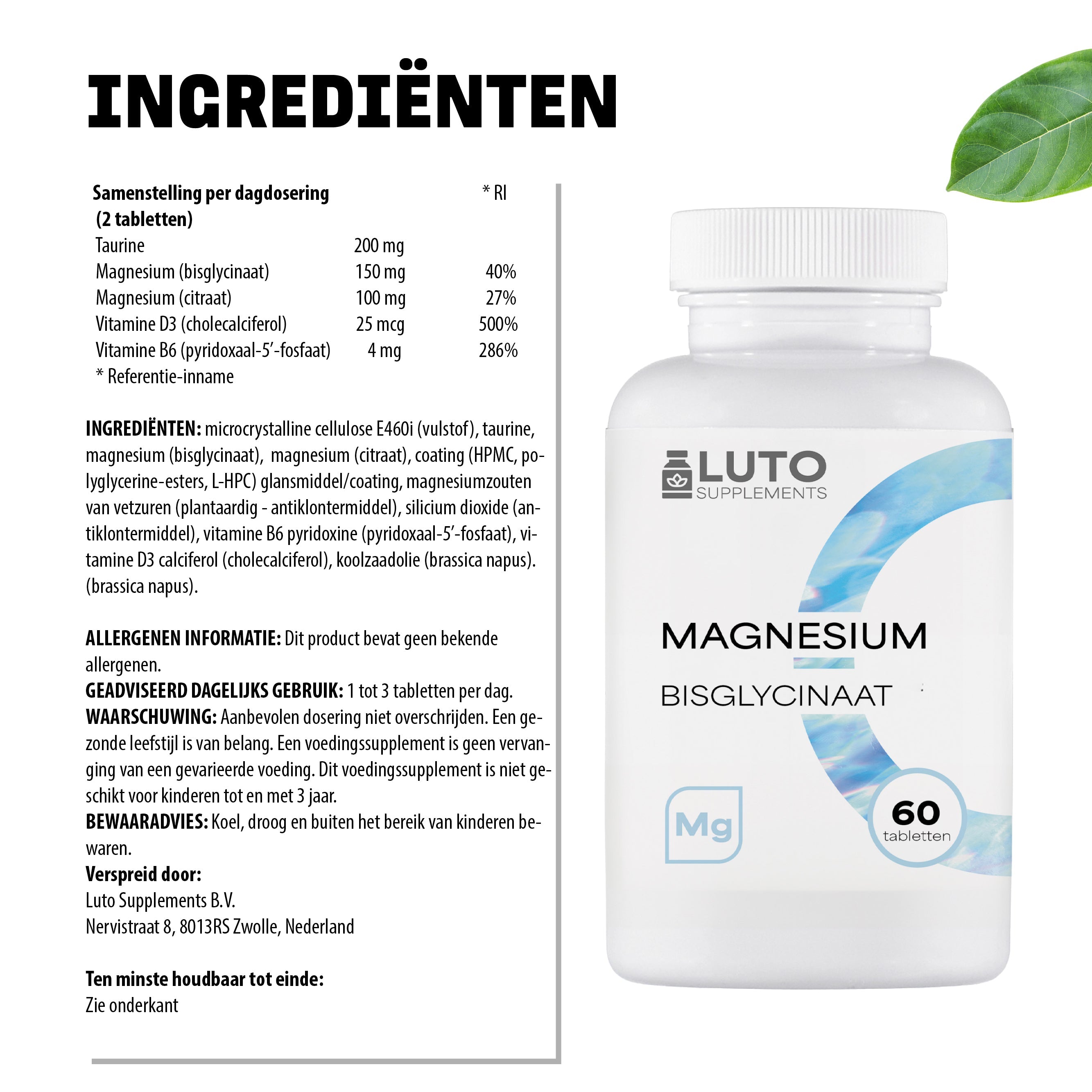 Premium kwaliteit LUTO Magnesium Bisglycinaat - vegan, glutenvrij, lactosevrij, GMO-vrij en hoog gedoseerd