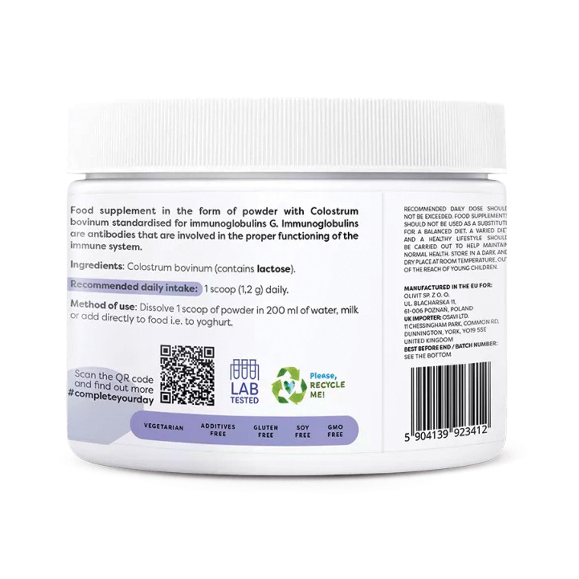 Rückseite Osavi Colostrum Pulver – Anwendungshinweis, 1 Messlöffel in Wasser, Milch oder Joghurt