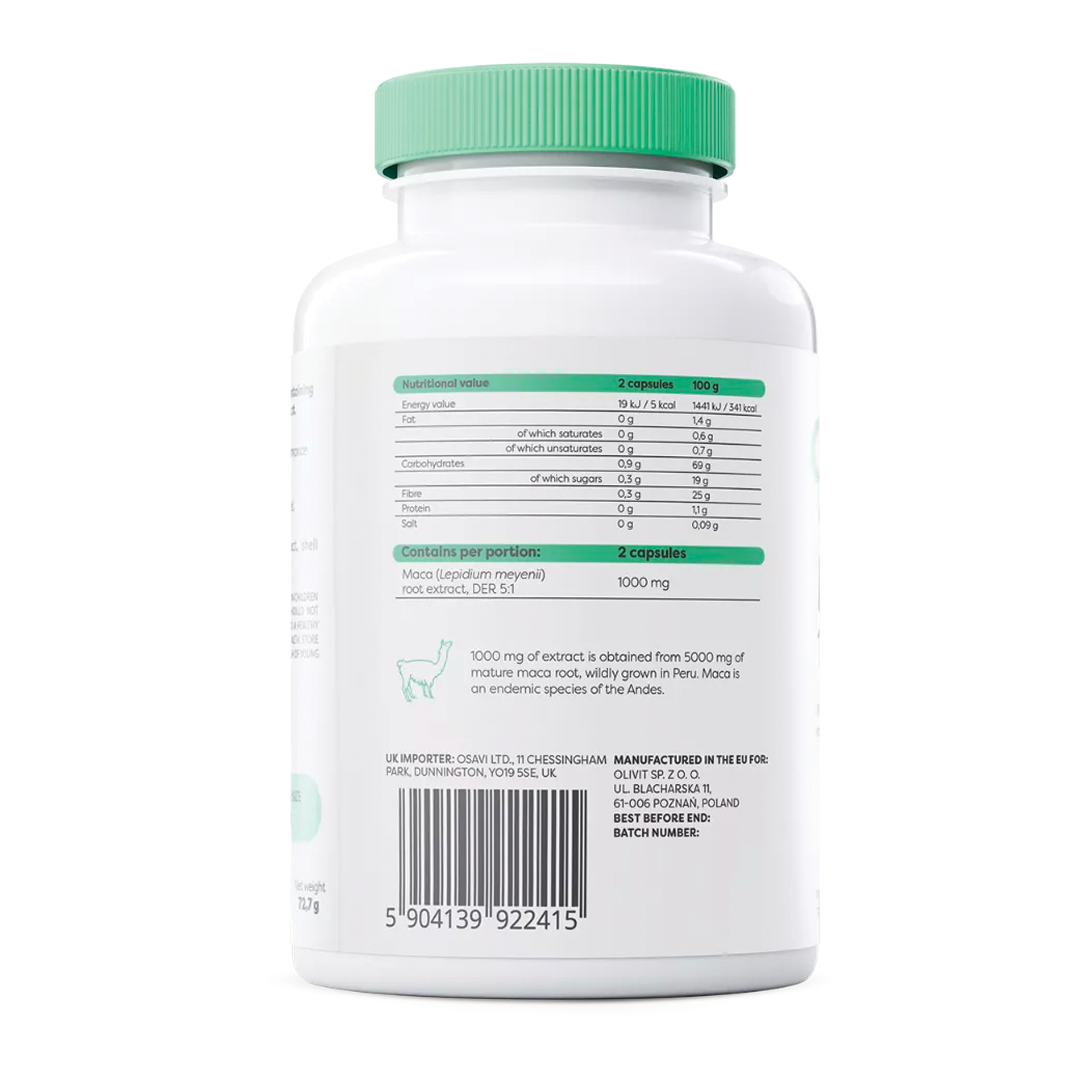 Nährwerte Osavi Maca 1000 mg – Extrakt aus 5000 mg Maca-Wurzel pro Tagesdosis