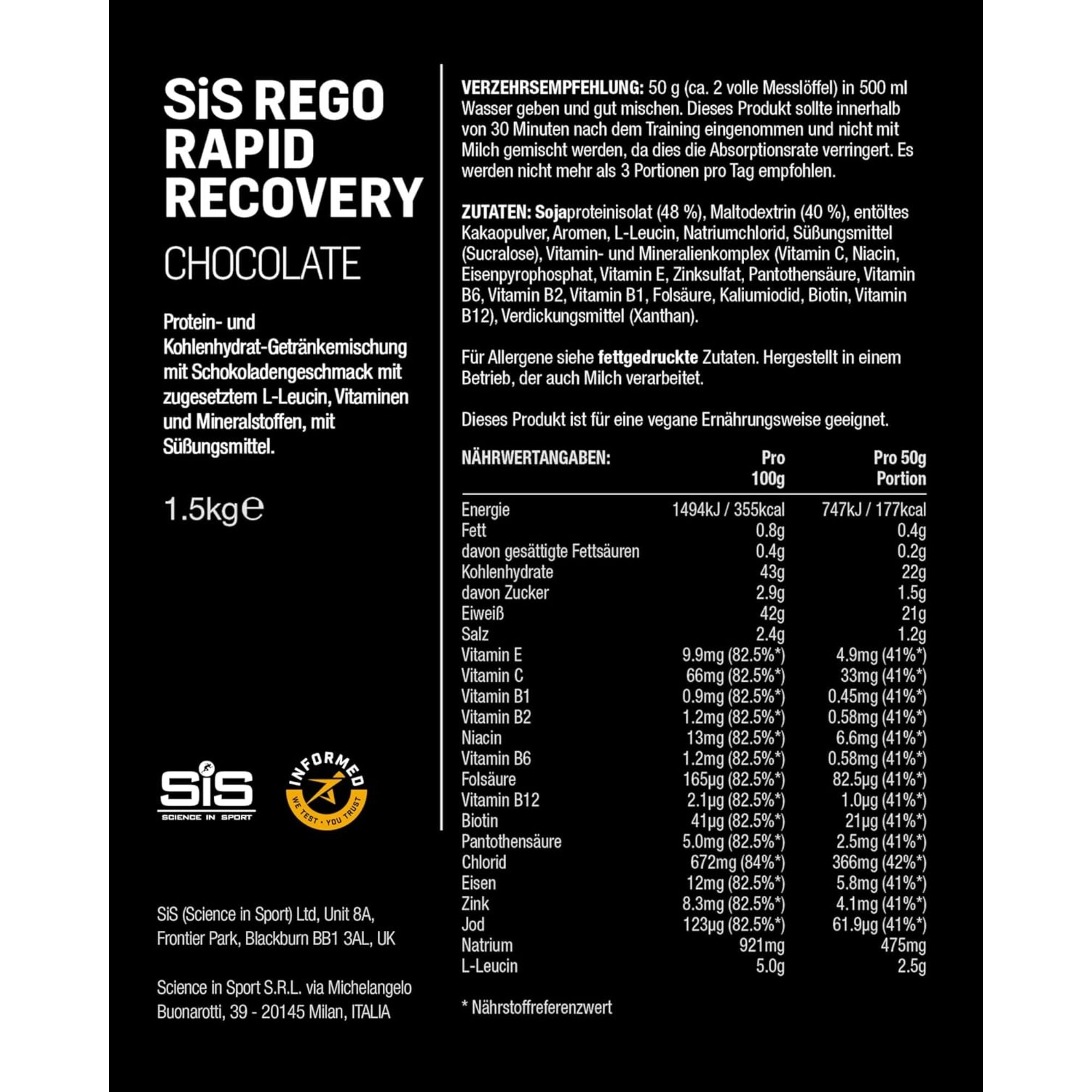SiS REGO Rapid Recovery Drink Pulver | 20g Protein pro Portion | Schokolade