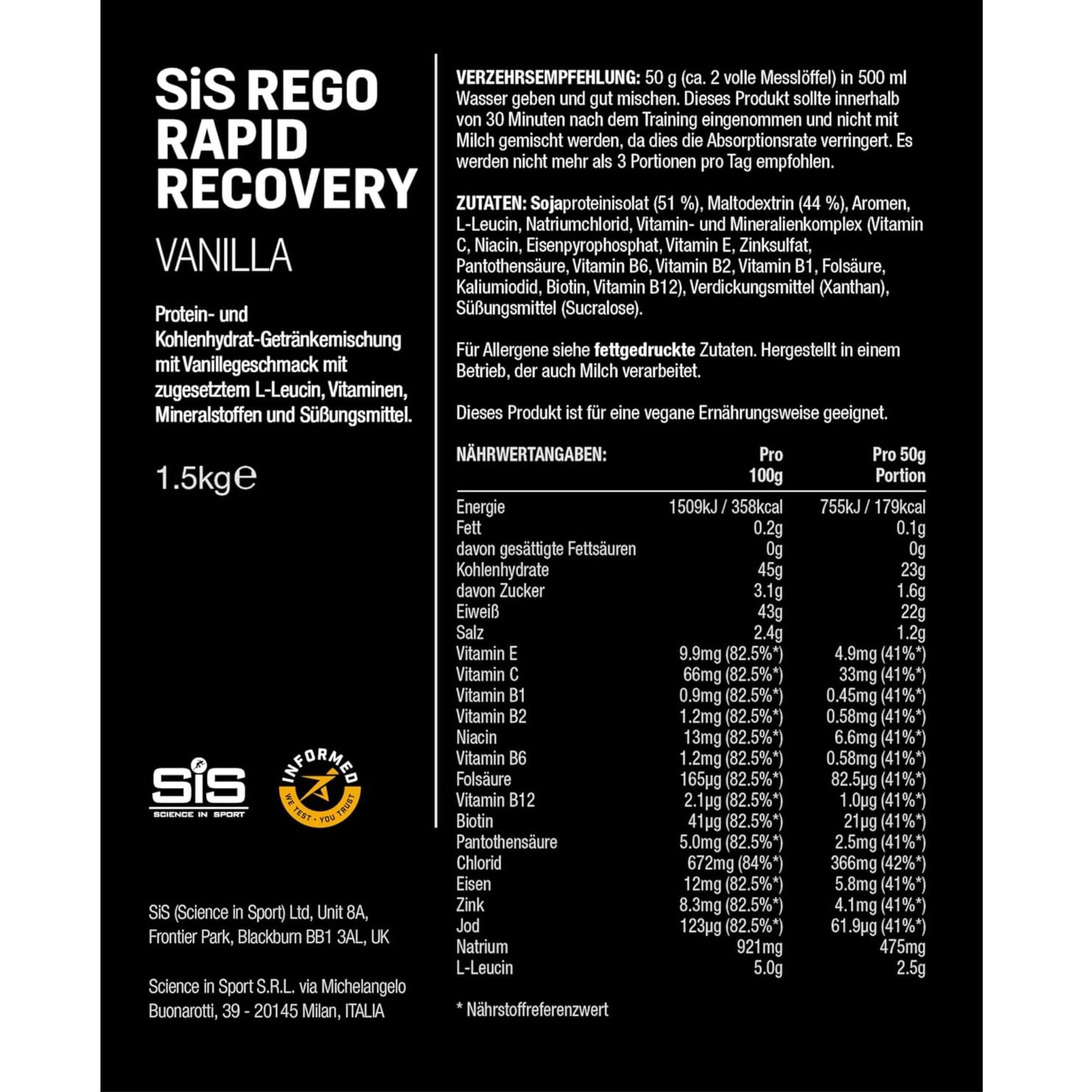 SiS REGO Rapid Recovery Drink Pulver | 20g Protein pro Portion | Vanille