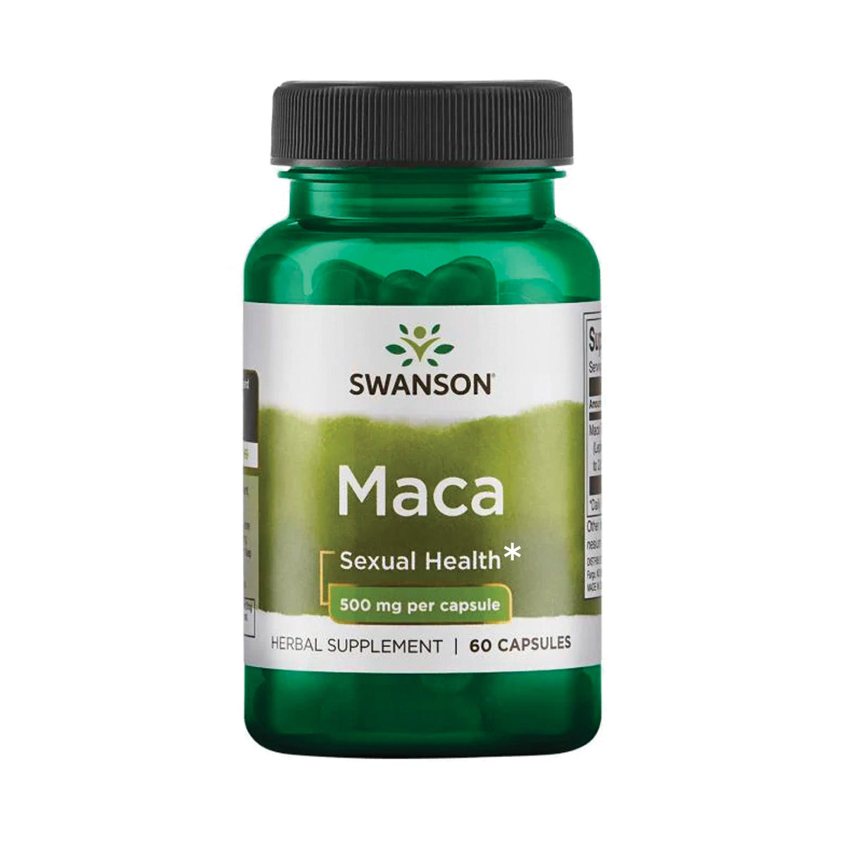 Swanson Maca (Lepidium meyenii) 500mg 100 vegane Kapseln – Etikett mit Inhaltsstoffen und Dosierung