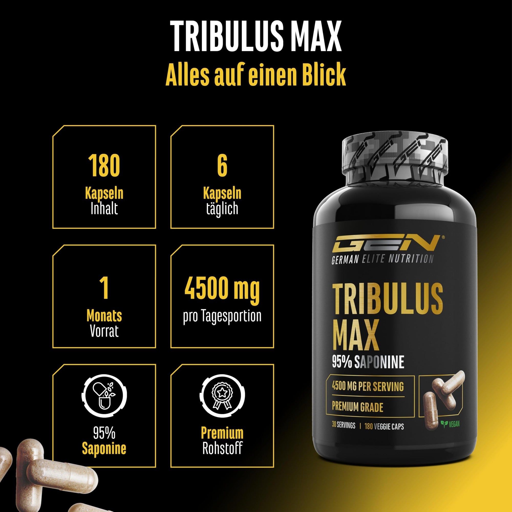 German Elite Nutrition Tribulus Terrestris Max 4500 mg – 180 Kapseln, Übersicht