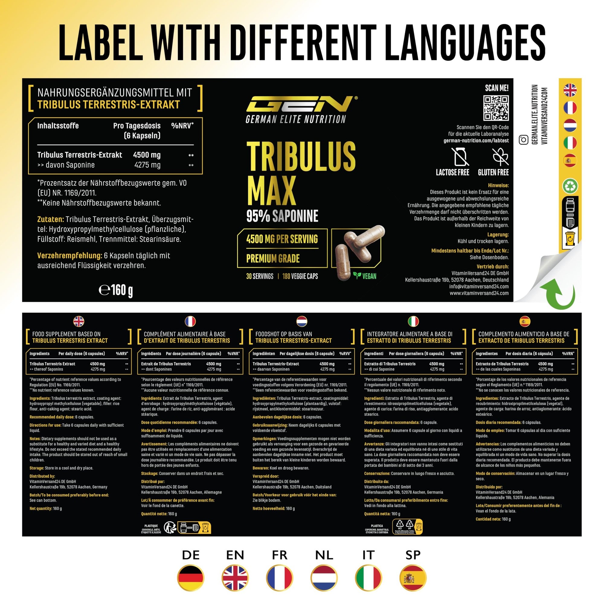 Tribulus Max GEN – Nährwertangaben und Etikett