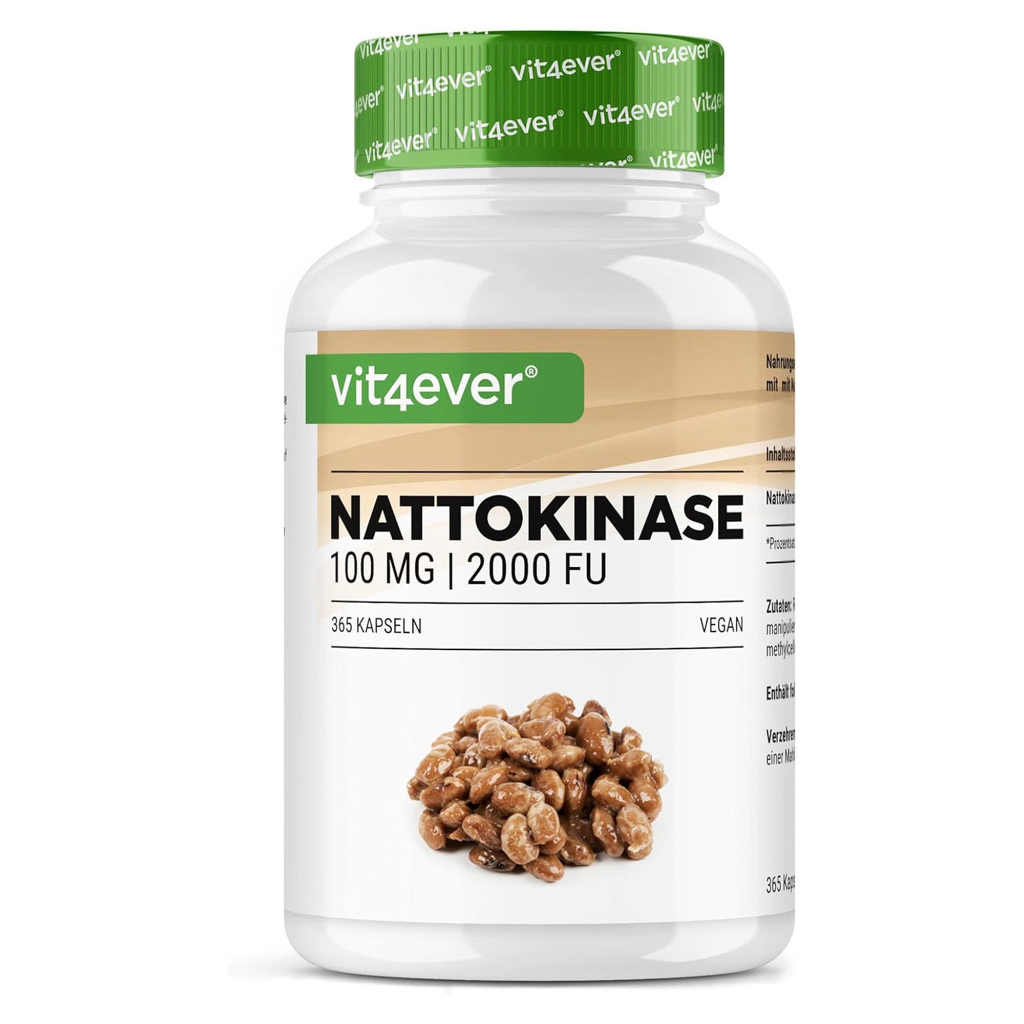Nattokinase 100mg 2000 FU von Vit4ever, 365 Kapseln