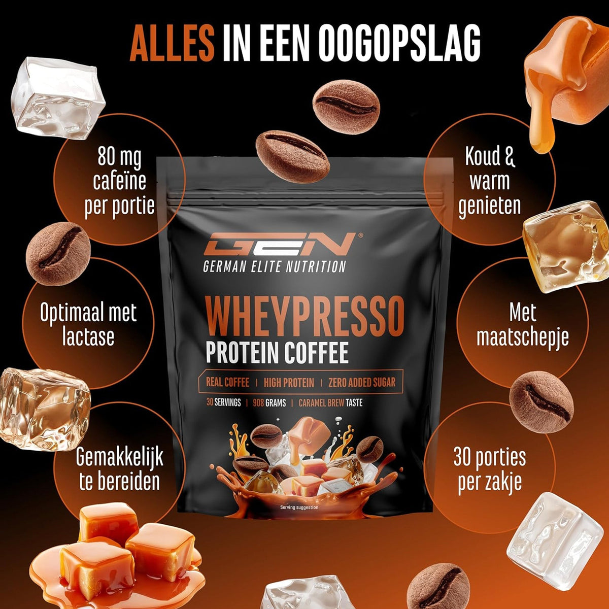 German Elite Nutrition Wheypresso Protein Coffee Karamel 908 g - productverpakking van sportsupplement
